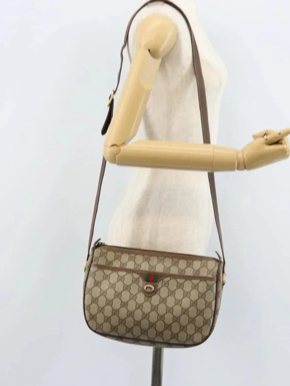 GUCCI GG Supreme Web Sherry Line Bag PVC Beige Gold 89 02 077 Auth 133234 - Picture 1 of 16